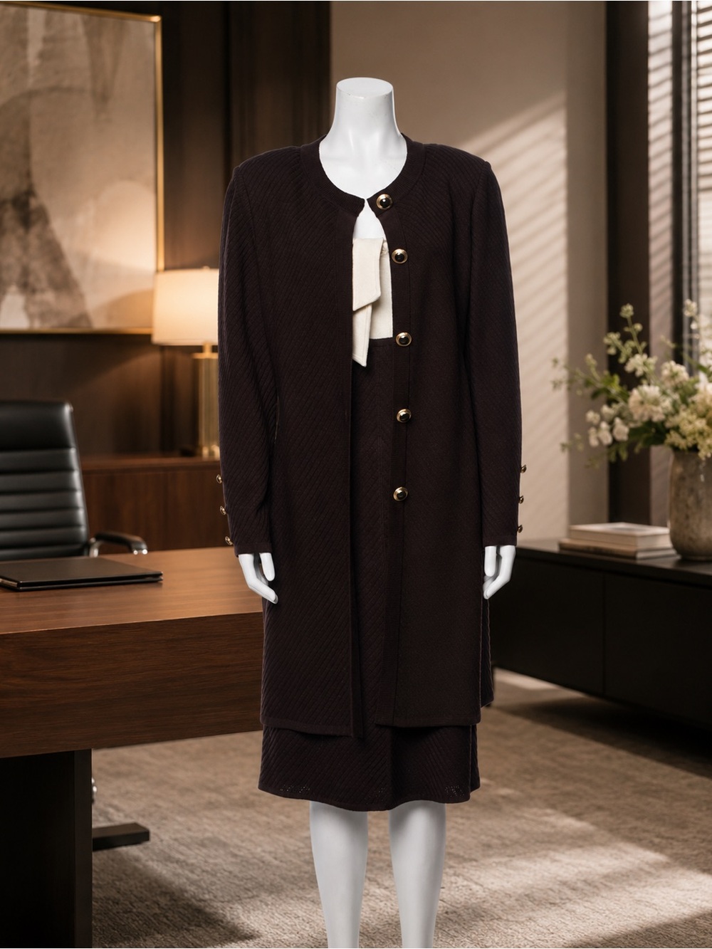 St. John Collection Brown and Cream Coat Dress Set – Size US 10 (Large)